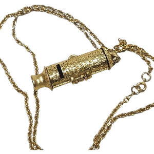 Rare Vtg 1970s  Max Factor Solid Perfume Gold Tone Whistle Pendant Necklace